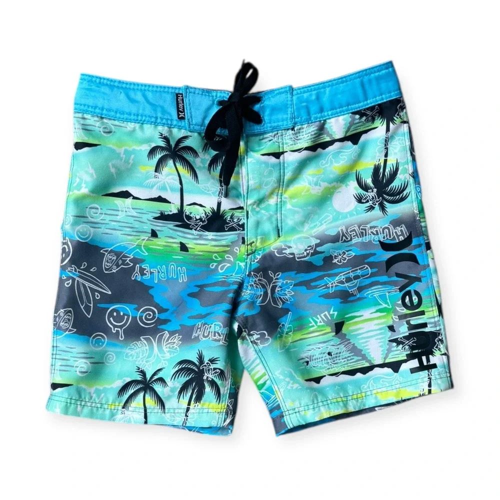 Hurley Boys Swim Trunks Size 4 Turquoise Blue Green Palm Tree Board Shorts